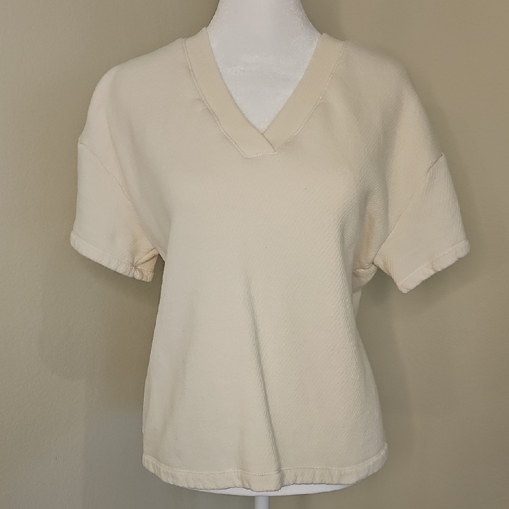Madewell Cream V-Neck "Make Weekends Longer Sweatshirt Tee Short Sleeve Sz M